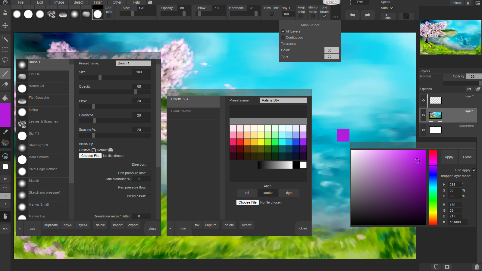 Light Brush screenshot: brush presets, palette library, color picker, tool options for auto select tool. Click to enlarge. Light Brush screenshot: brush presets, palette library, color picker, tool options for auto select tool.